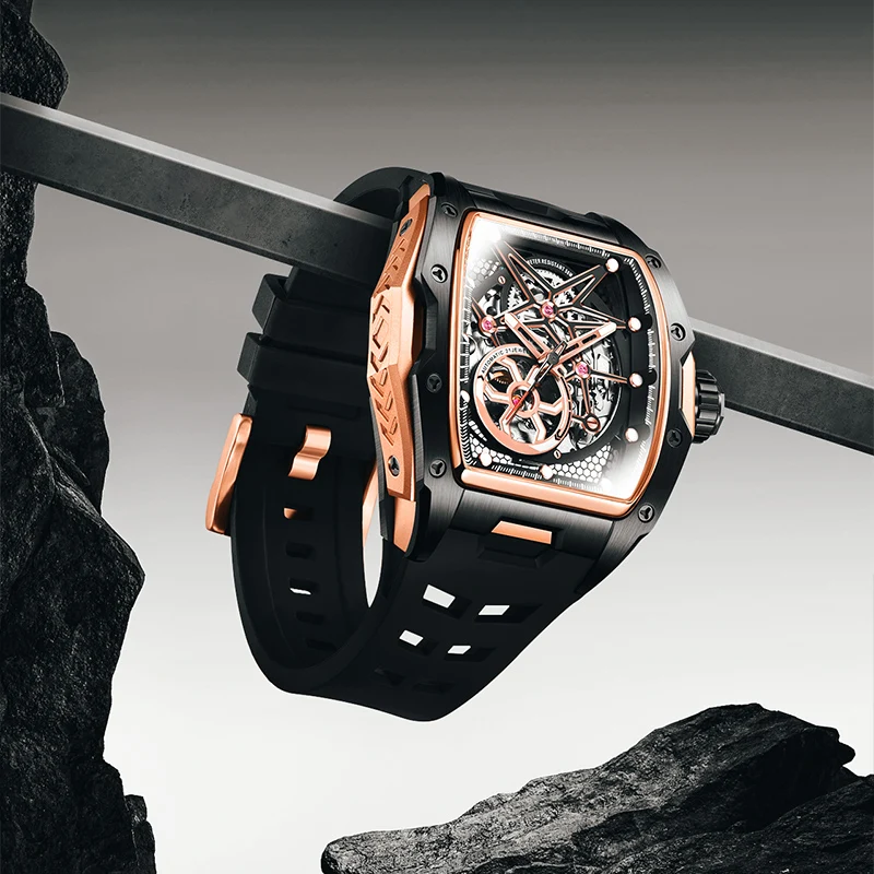 Gorman Watches For Man Miyota Automatic Watch Skeleton Barrel Case Waterproof 50M Silicone Strap Mechanical Sports Watch