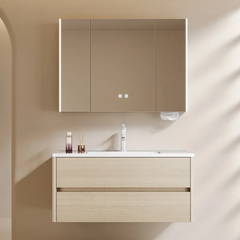 Solid Wood-style Multi-layer Solid Wood Bathroom Cabinet With Multifunctional Folding Mirror, Ceramic Integrated Basin, Double D