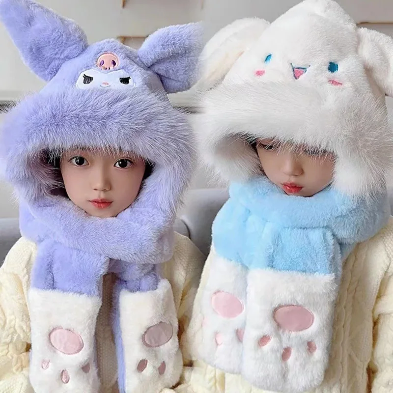 Kuromi Anime Children Hat Scarf Gloves Kawaii Sanrio Ins Cute Cinnamoroll Pochacco Ins Lovely Doll Fluffy Warm Hat Gift for Kids