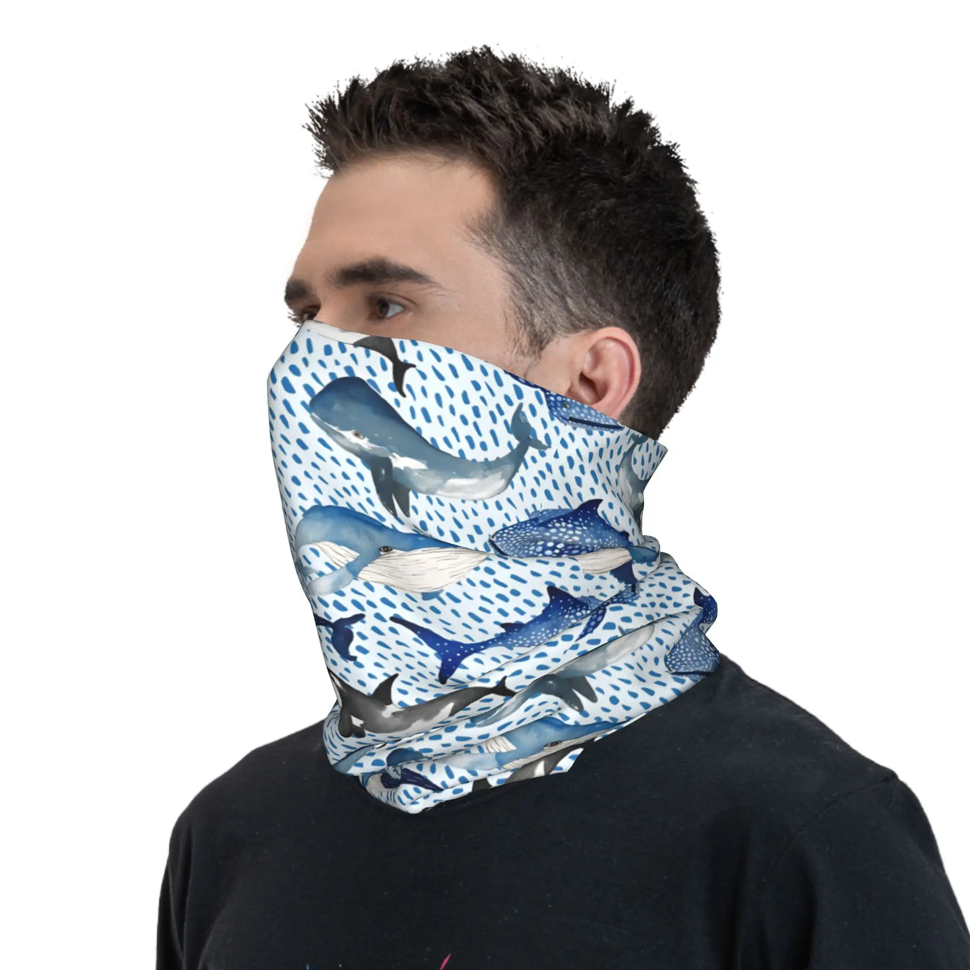 Custom Blue Watercolour Shark Winter Headband Neck Warmer Men Ski Camping Tube Scarf Monochrome Ocean Animal Face Bandana Gaiter view 6