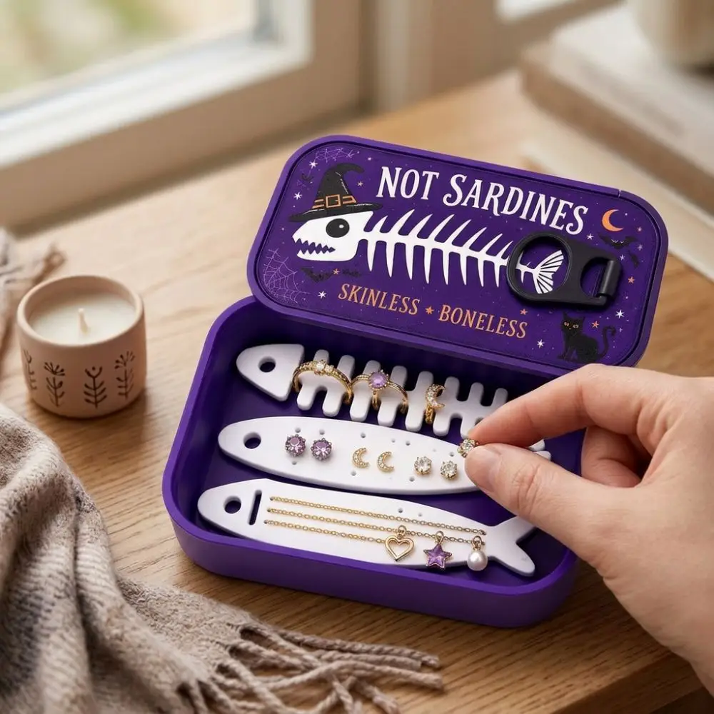 Fish Bone Insert Halloween Sardine Tin Jewelry Box Fish-Shaped Holders Gothic Ring Necklace Holder Dark Style Tangled-Proof