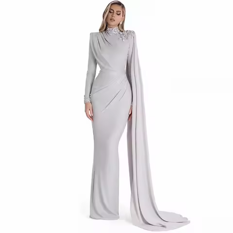 Delicate Appliques Jersey Evening Dress Watteau Train High Collar Customized Party Dresses Formal Long Sleeves Celebrity Gowns