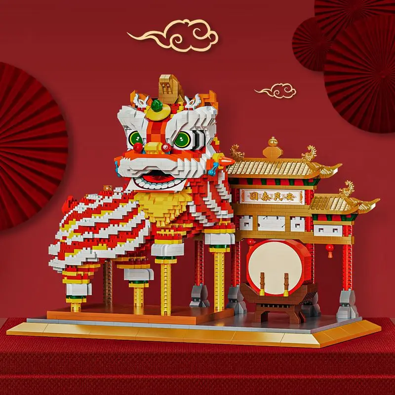 Lucky Lion Dance Archway Mini Building Blocks Chinese Traditional Culture 3D Model Diamond Micro Bricks Toys For Kids Gift