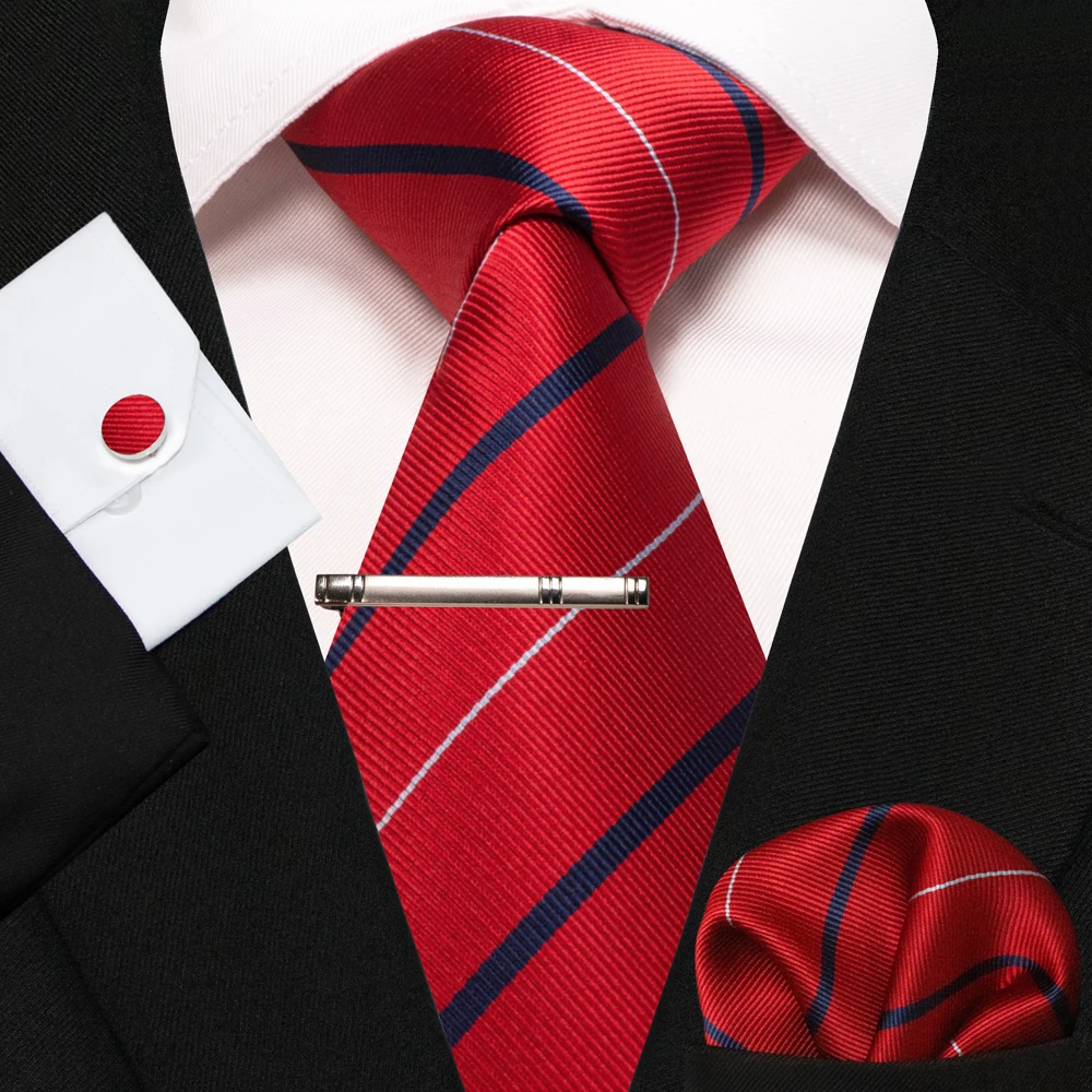 KAMBERFT Neue Klassische Seidenkrawatte für Herren Rot-Gold Gestreift Herrenkrawatte Taschentuch Manschettenknöpfe Set Hochzeit Business Party Gravatas – Detail 9