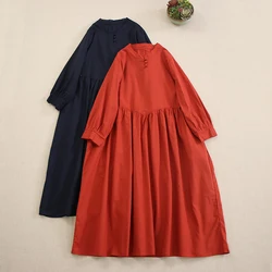 Spring New Japanese Sweet Mori Girl Solid Color Cotton Linen Dress Women Vintage V-Neck Long Sleeve Casual Loose Midi Dresses