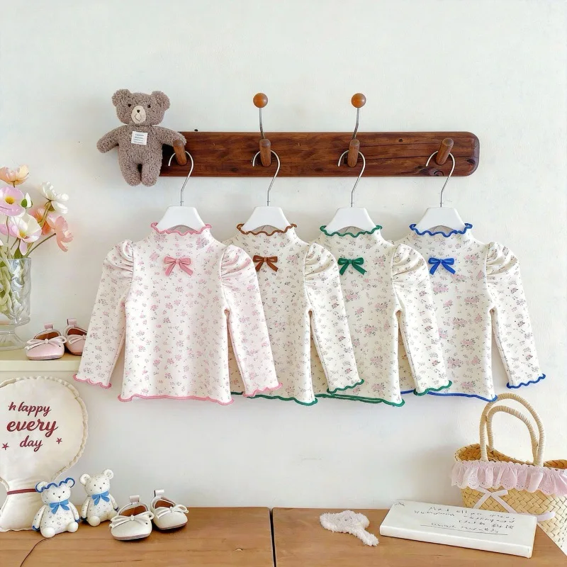 

2026 Spring New Girls Long Sleeve Floral T Shirts Cute Baby Girl Lace Collar Bow Bottoming Shirts Children Tops Cotton Clothes