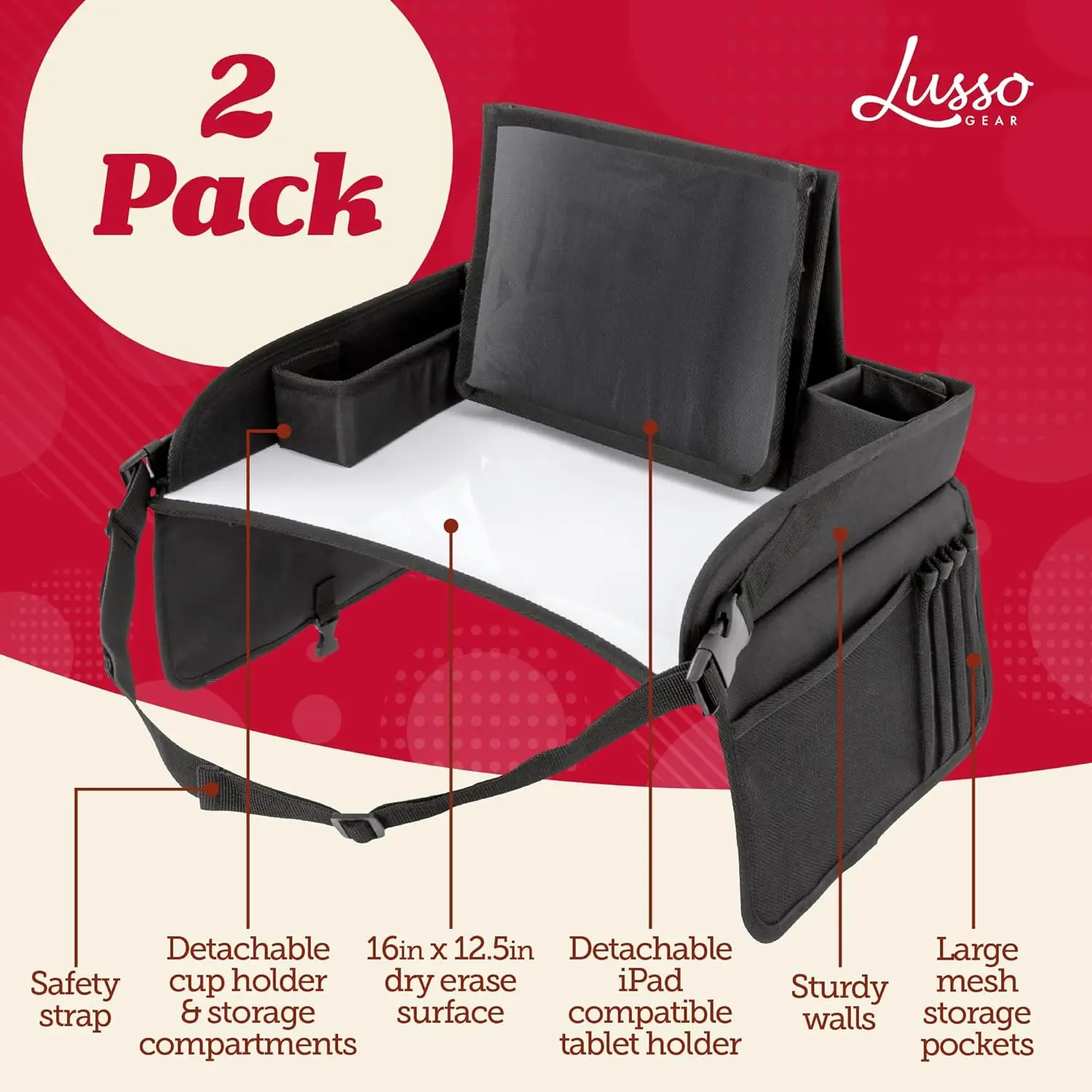 صينية مكتب سفر للأطفال مع حامل تابلت وحامل أكواب وسطح مسح جاف - أسود (عبوة من قطعتين)