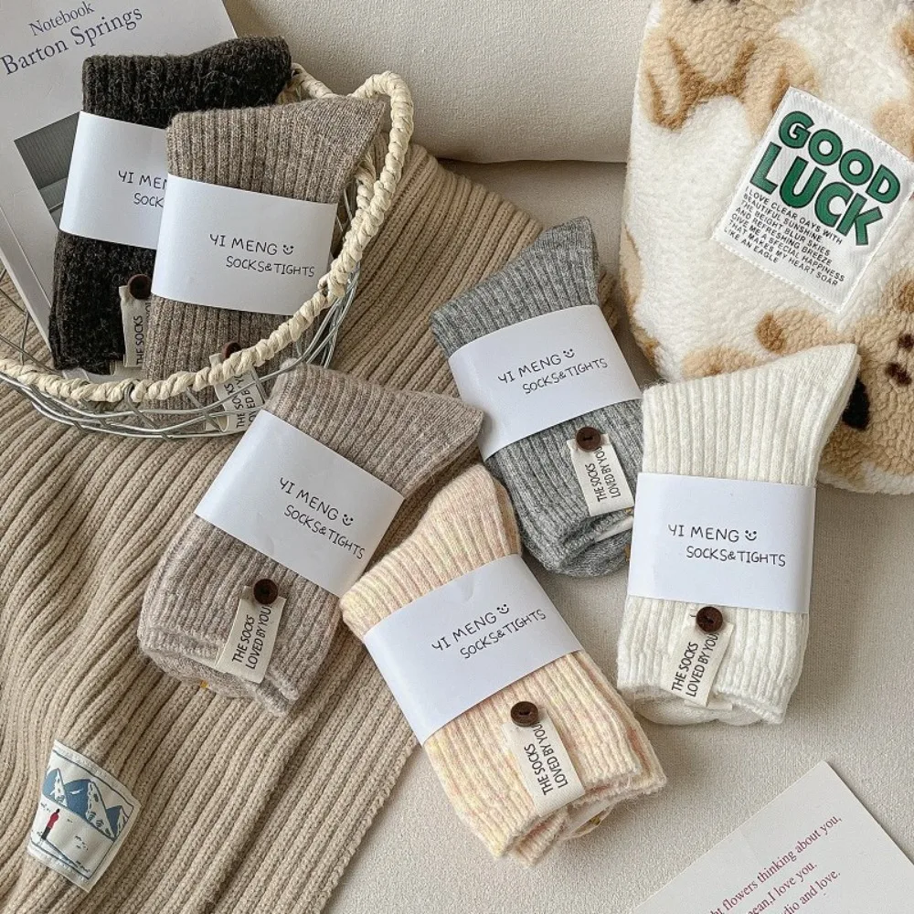 New Middle Tube Mid-Tube Socks Thickened Keep Warm Knitted Socks Solid Color Button Label Snow Boot Socks