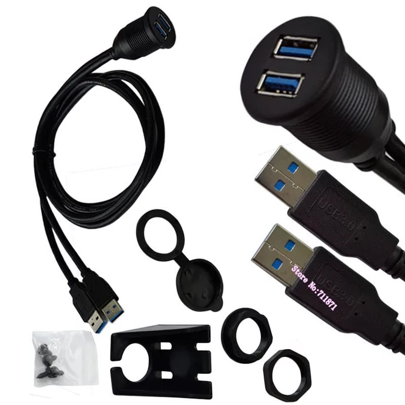 

waterproof Two double male to Female USB3.0 extension cable Cord for car ship motorcycle dashboard panel Two 2 Port Usb3 3.0 M F