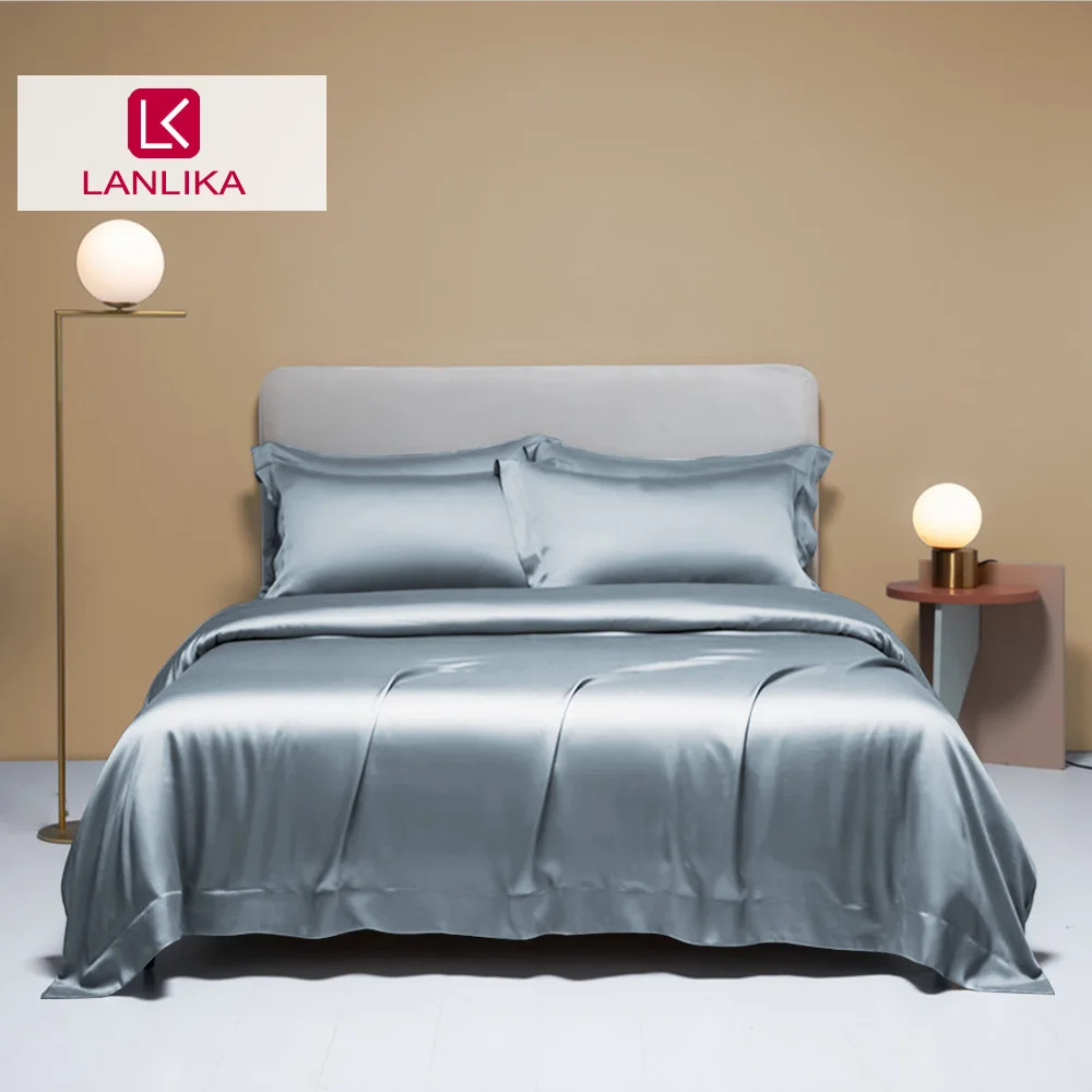 Lanlika Premium Nature 100% Silk Bedding Set Blue Gray Double Queen King Duvet Cover Flat Sheet Bed Linen Pillowcase For Sleep