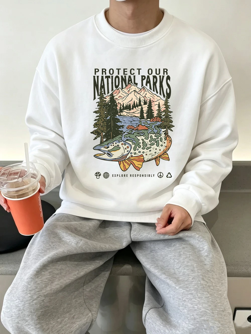 Protect Our National Parks Trout Sweatshirt Mens Sporty Crewneck Hoodies Fleece Warm Loose Streetwear Autumn Jogging Clothes
