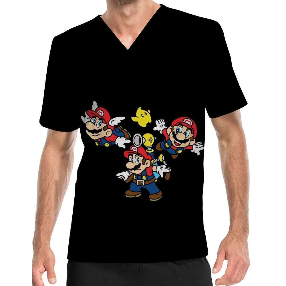 Zomer Nieuwe Cartoon Anime Super Mario Mannen En Vrouwen Werk Uniform V-hals Print Scrub Top Ziekenhuis Verpleegkundige Tandheelkundige t-shirt