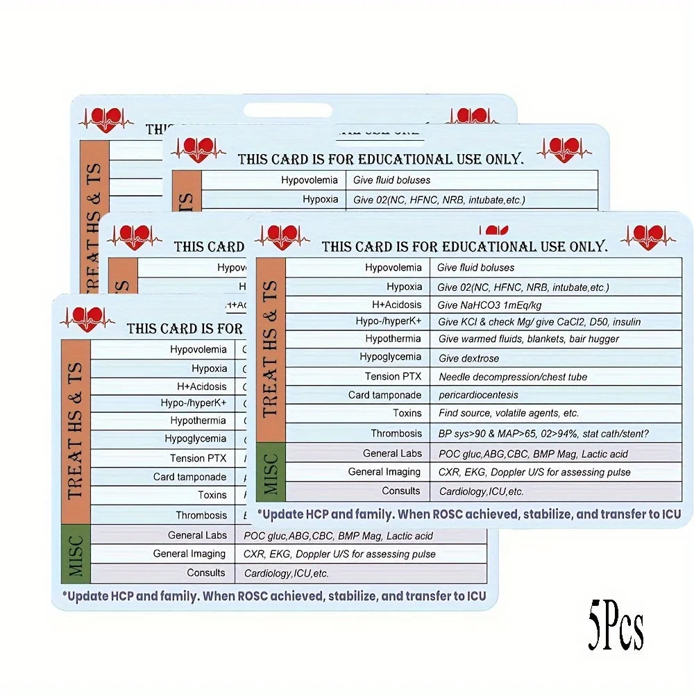 5Pcs Heart Reference Card Heart CPR Code Blue EMT/RN/MD Tag for Medical 2.9x4.1Inch ACLS Survival Card for Medical Professionals