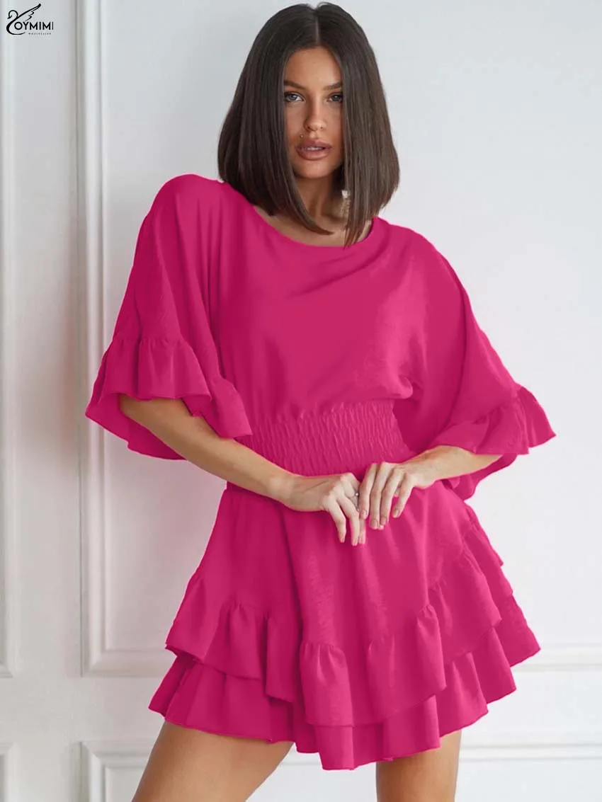 

Oymimi Fashion Dark Pink Dresses 2025 Woman Autumn O-Neck Lace-Up Half Sleeve Dresses Elegant High Waisted Pleated Mini Dress