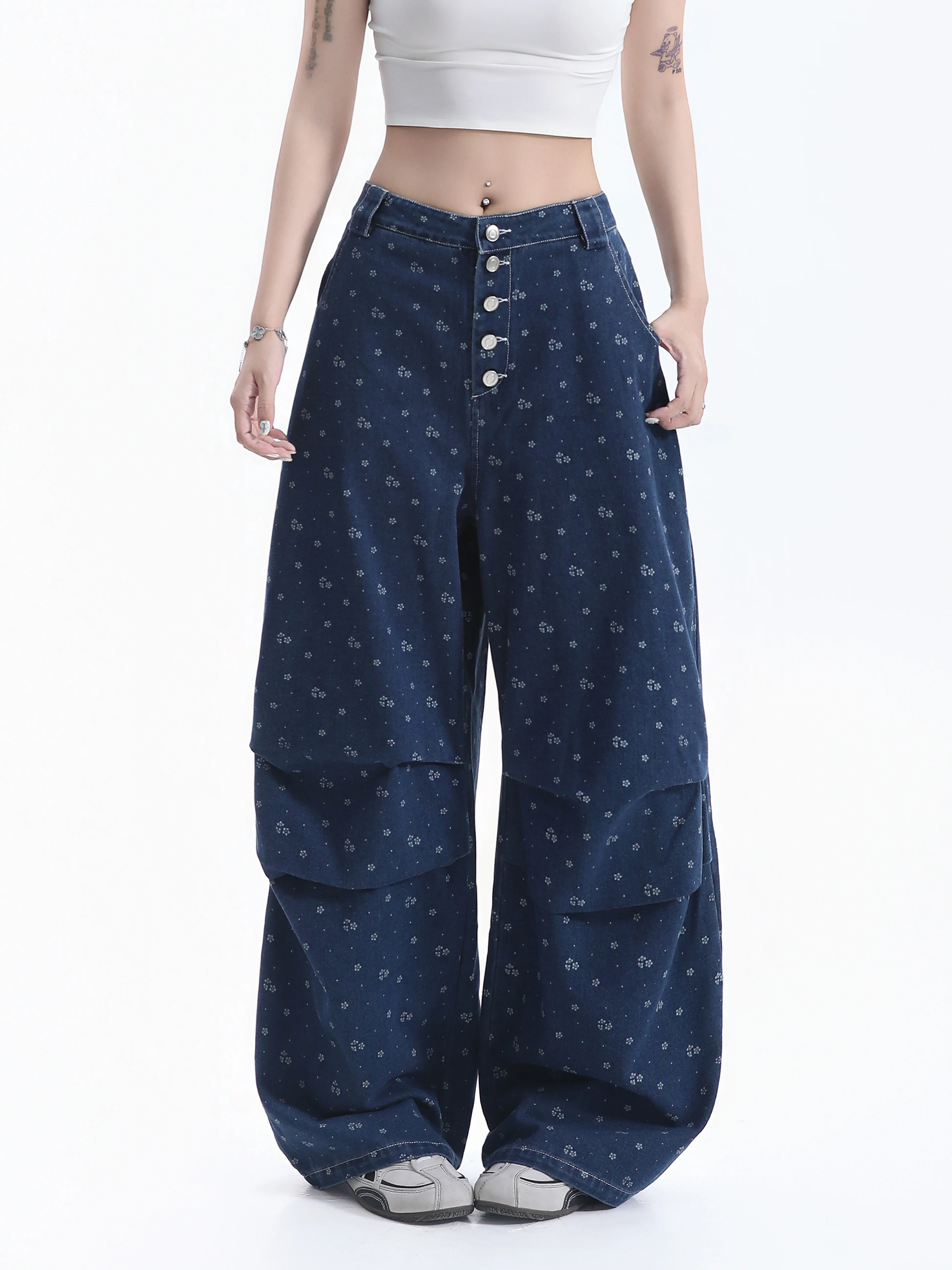 Floral Print Loose Fit Women's Jeans Button Detail Casual Wide Leg Pants Versatile Casual Cotton Polyester Blend Deep Blue