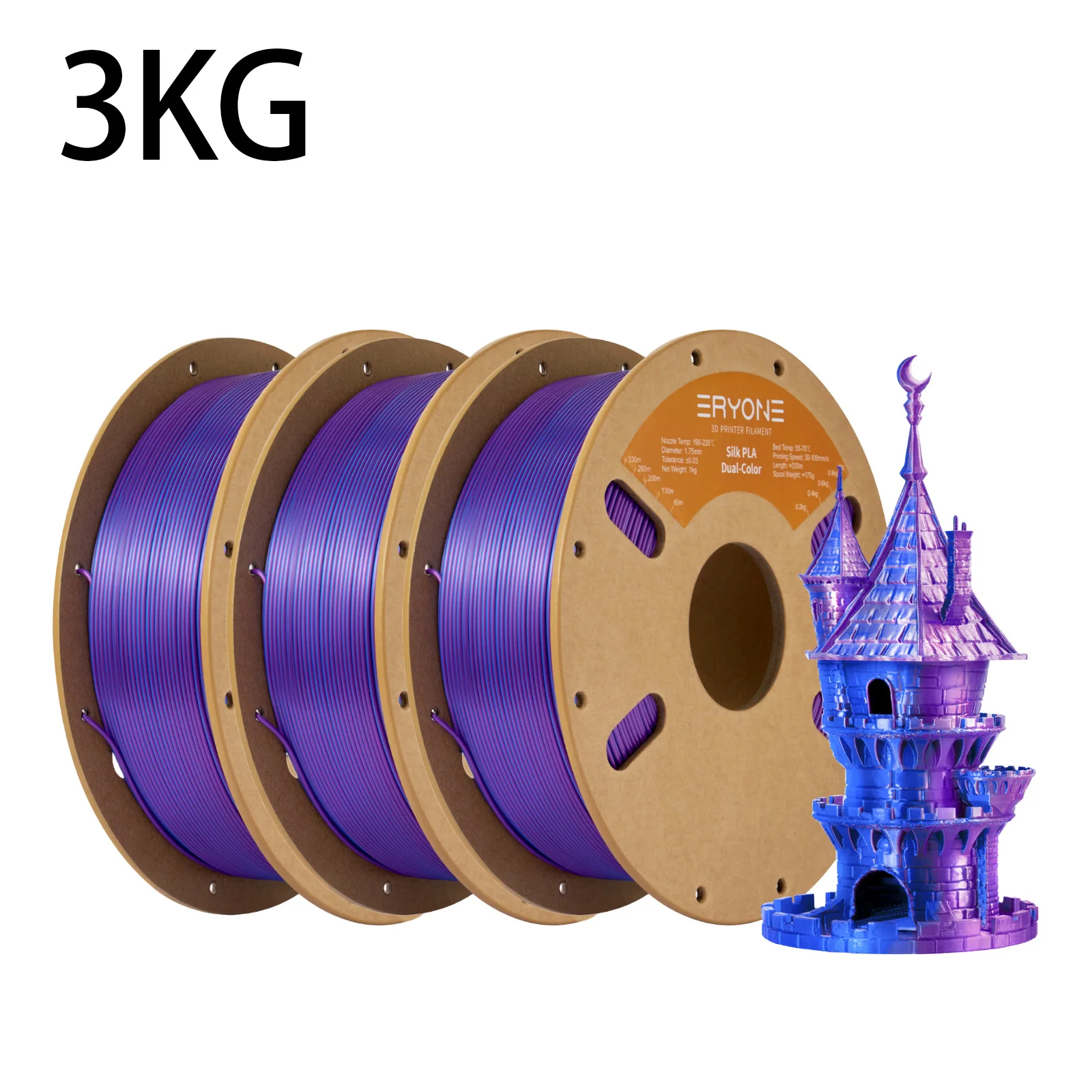 ERYONE 3KG PLA Dual Color Silk PLA Filament Compatibel met FDM 3D-printers 1KG 1,75 mm ±0,03 mm Perfecte spoelwikkeling 1kg spoel