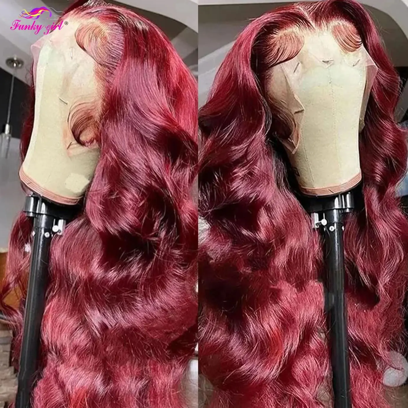 Funky Girl 99J Burgundy 13x4 Body Wave Lace Front Human Hair Wig Brazilian Red Colored 13x4 HD Transparent Lace Wigs For Women