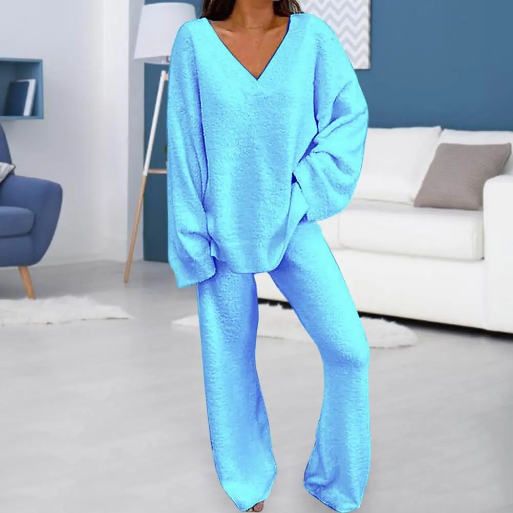 2 Pcs/Set Women Pajamas Set Loose Long Sleeves Elastic Waist Warm Sleeping Clothes Wide Leg Homewear Set For Winter