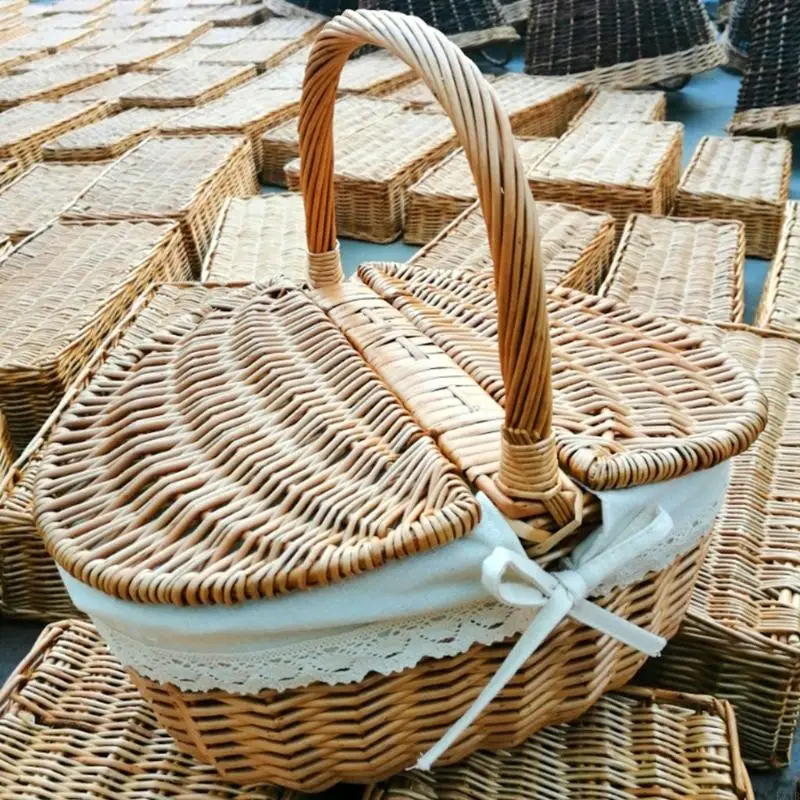 KX4B BBQ Photography Props ถุงเก็บของทอทำด้วยมือพร้อมฝาจับ