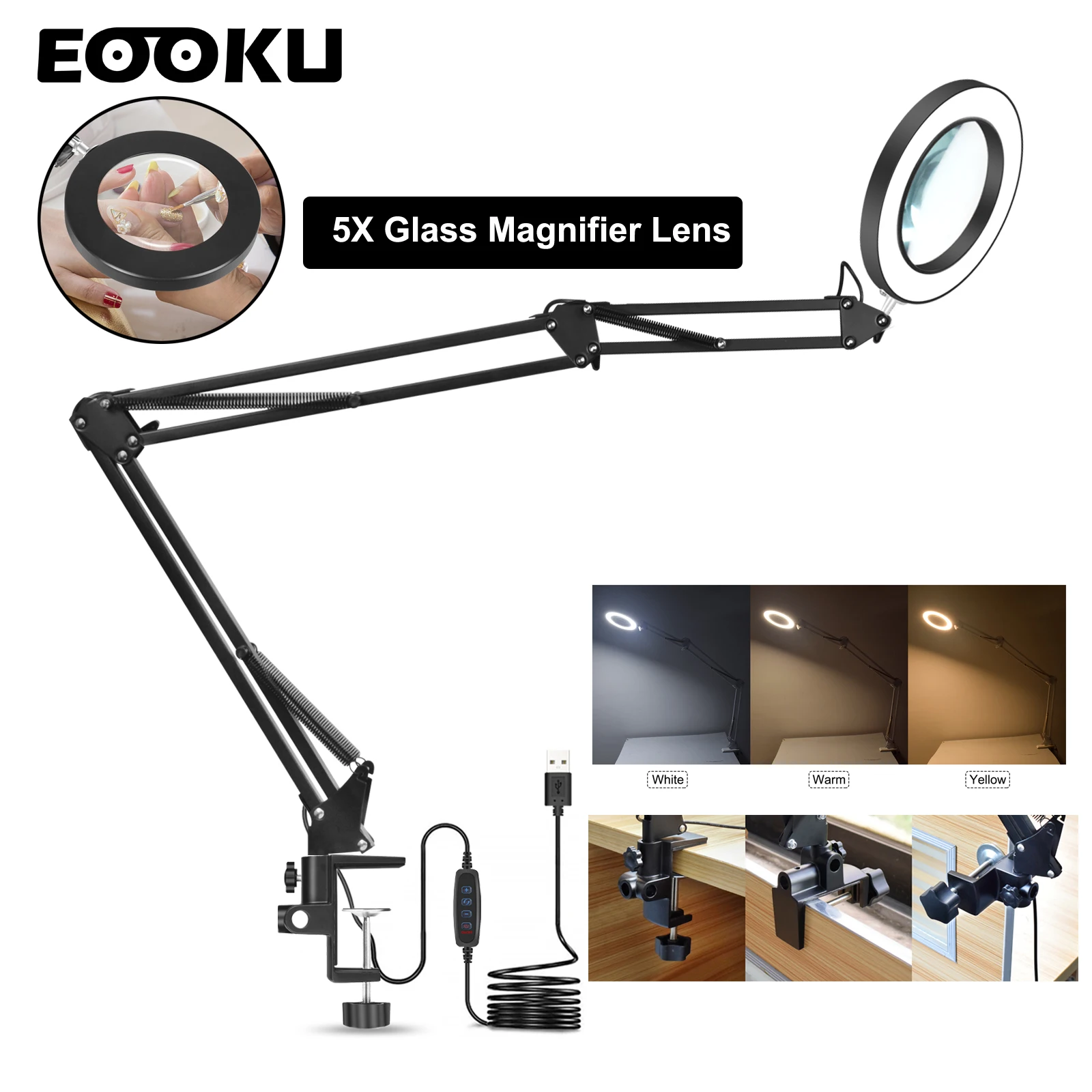 EOOKU 10W Desk Lamp 5X Illuminated Magnifying Glass with 72Pcs LED Lights for Reading/Nail Art/Beauty/Close Working Tools