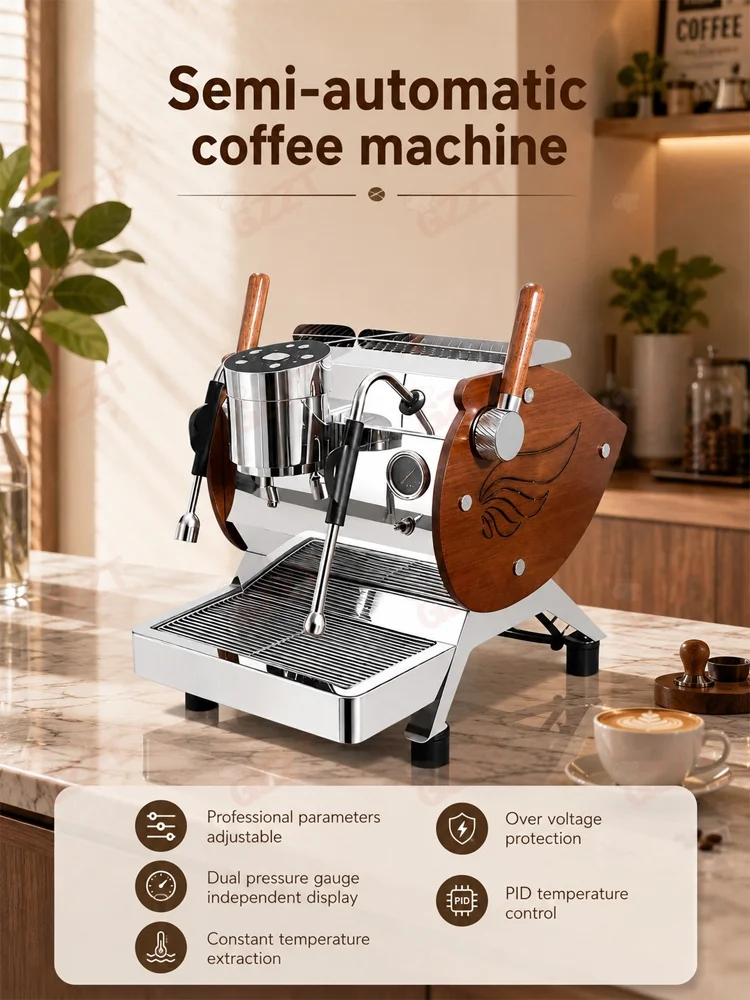 1. Semi‑automatic Espresso Maker, 58mm Saturated Brewing Head 9 Bars Pressure Copper Pipe Connection PID Temperature Control