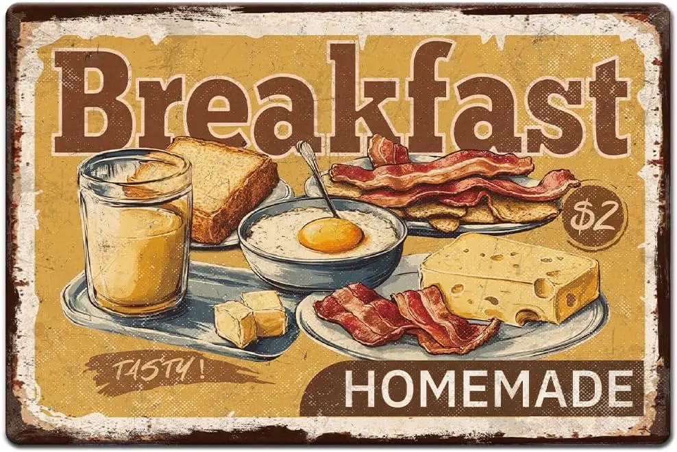 1pc Vintage Metal Tin Signs  inch Retro Plaque Breakfast Fried Egg Cheese Bacon Olive with 4 Pre-Drilled Holes