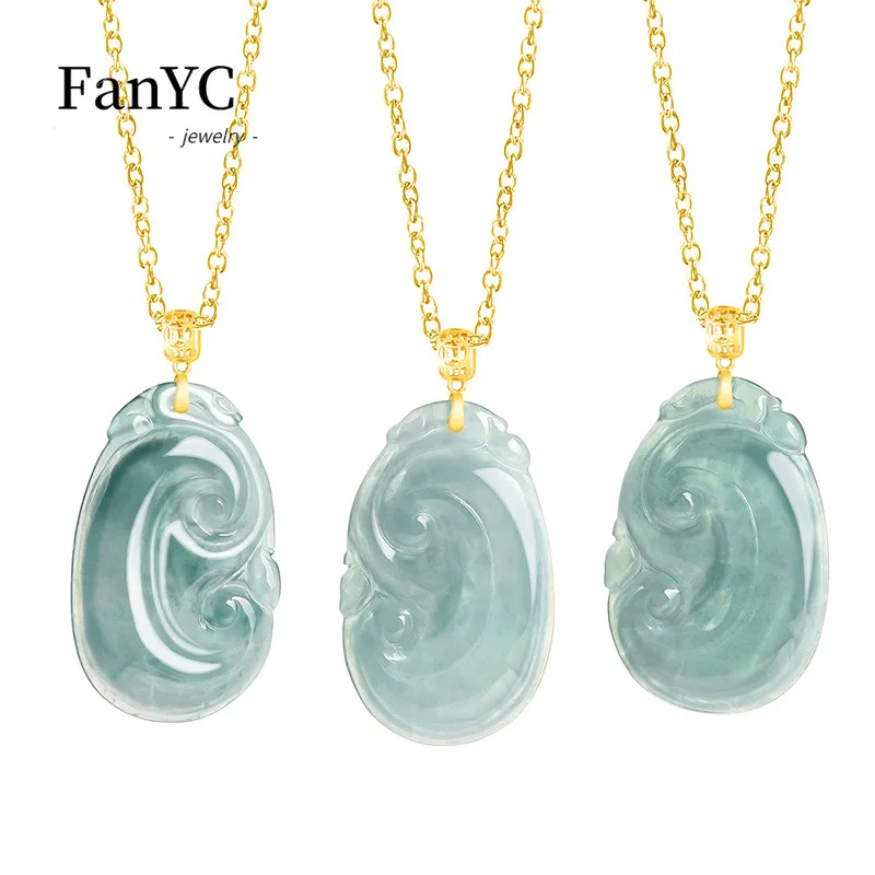 Myanmar Jadeite Blue Water Small Amulet Pendant 18K Gold Inlaid Hand-carved Exquisite Charm Ice Jade Necklace Men and Women Gift