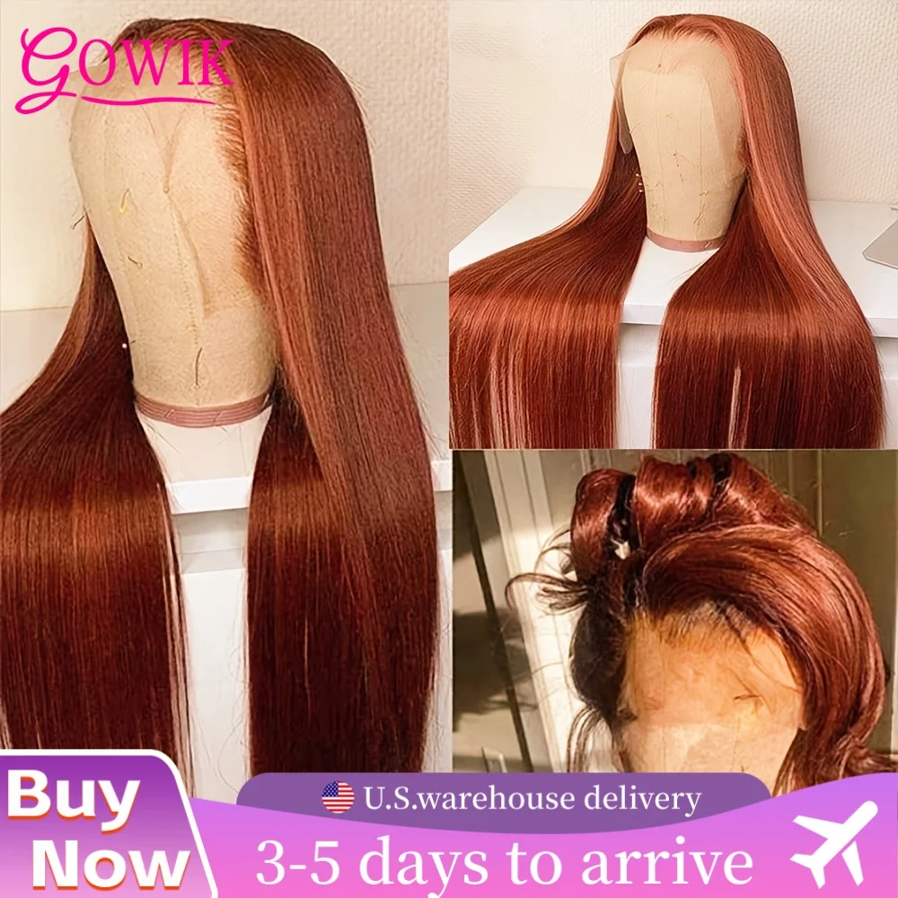 Perruque Lace Front Wig 100% brésilienne naturelle, cheveux longs et lisses, Orange gingembre, Transparent Hd, 13x6, pour femmes