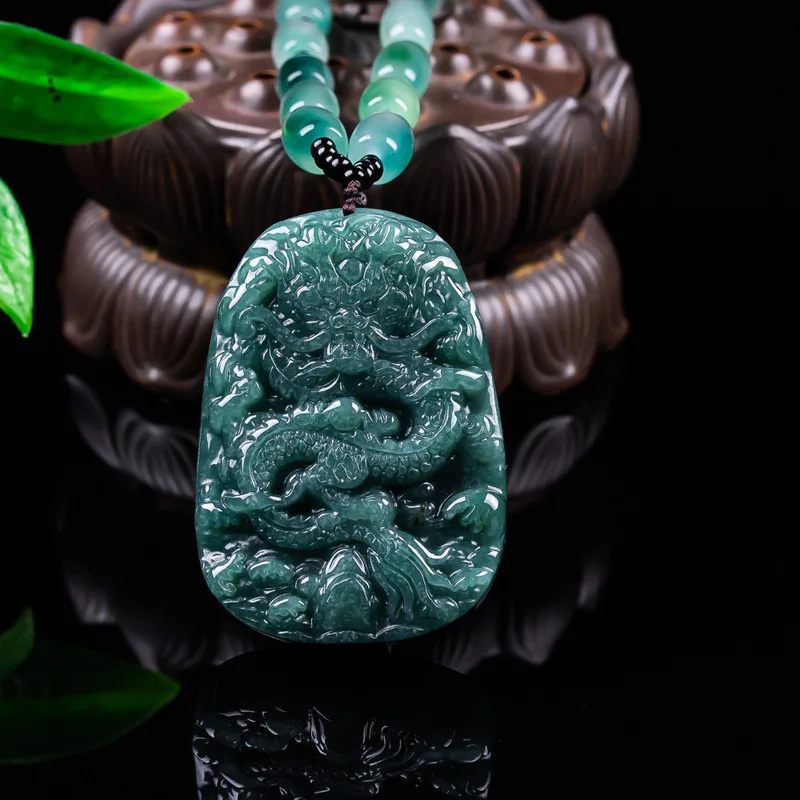 Genuine Grade A Jadeite Ice Jade Full-Color Blue Water Brand Thick Craftsmanship Double-Sided Dragon Soaring Across the S