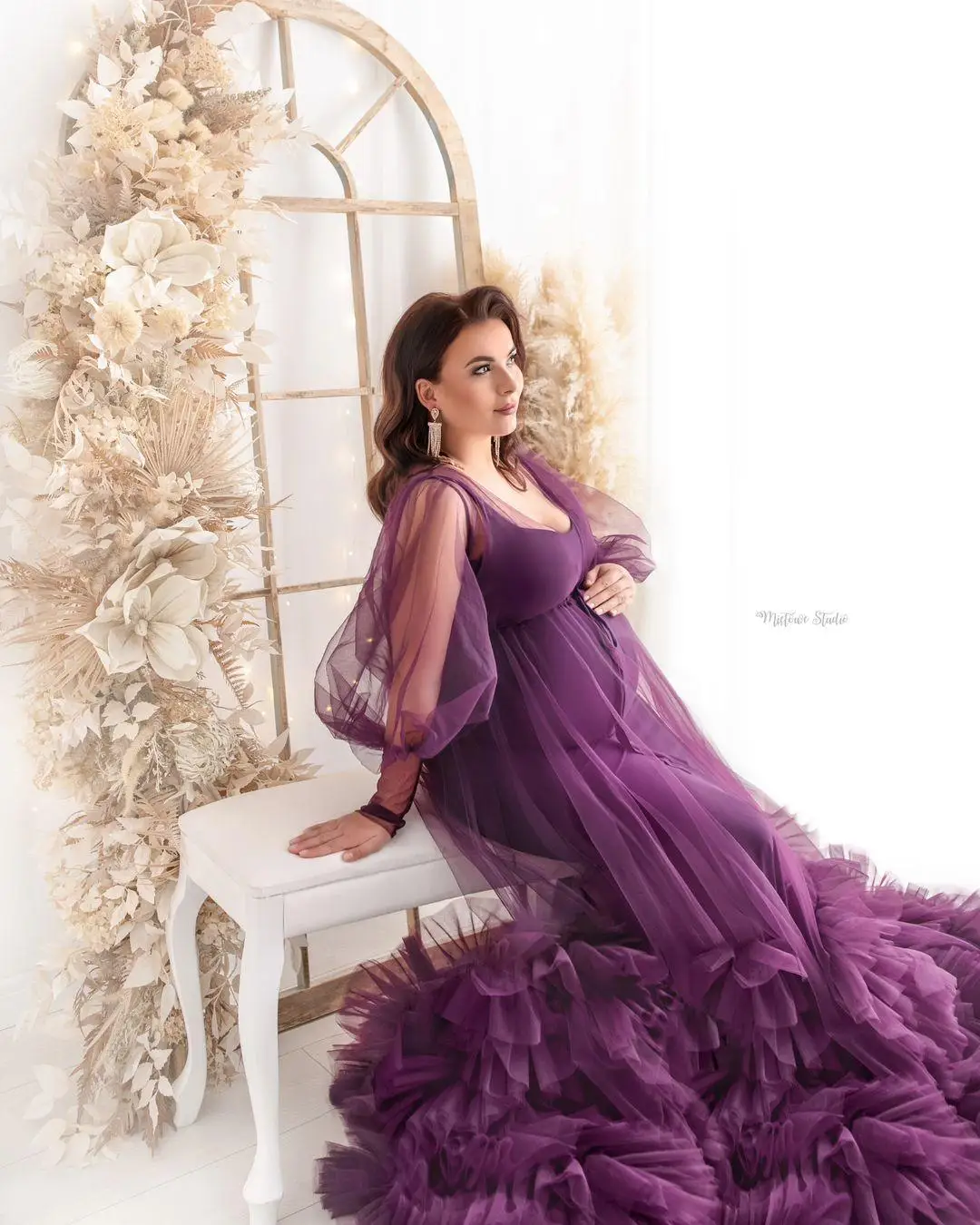 Lindo roxo sereia vestido de sessão de fotos de maternidade para gravidez mulheres babyshower vestido em camadas tule capa 2025 vestidos de maternidade