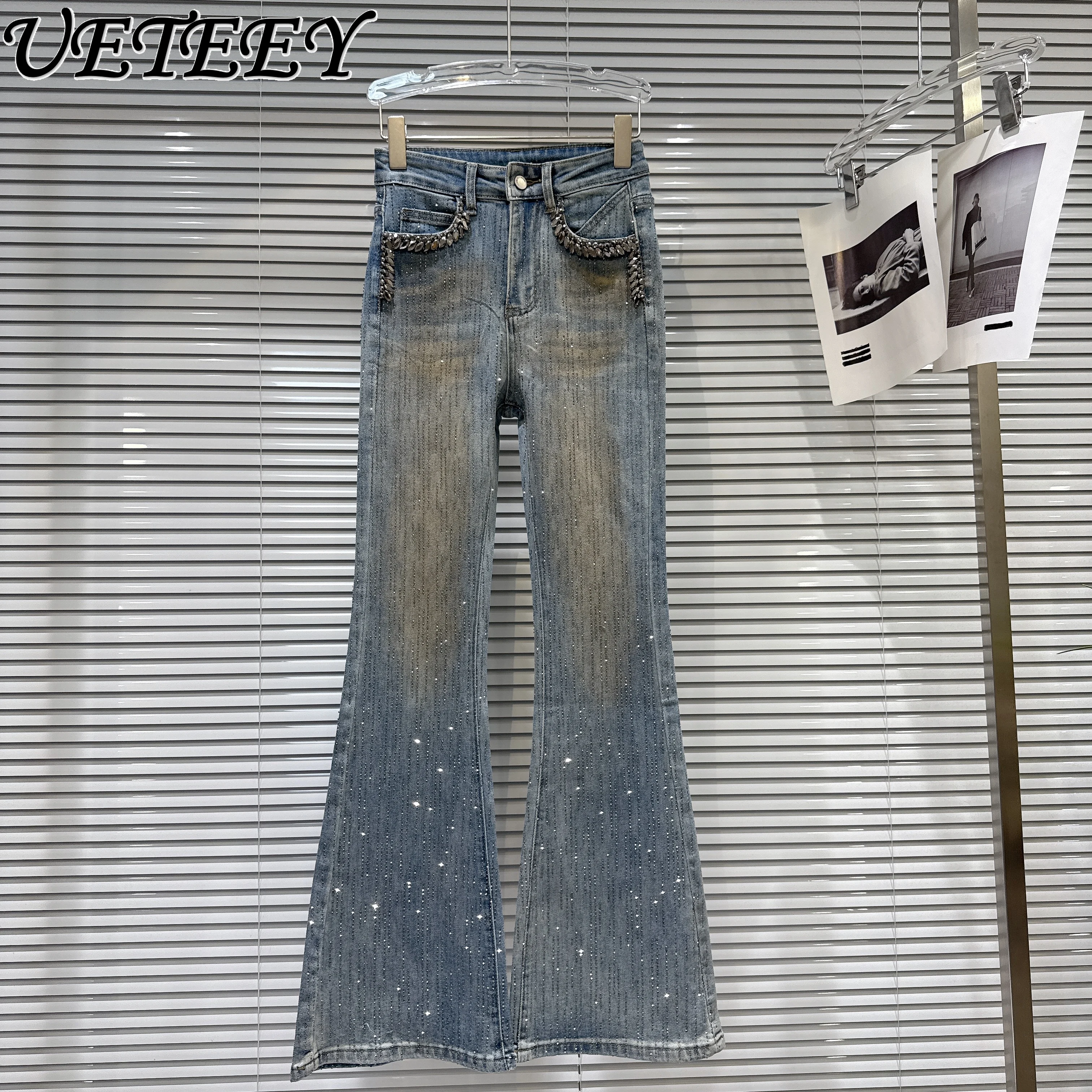 

2026 Spring New Hot Girl Rhinestone Edge Meteor Hot Rhinestone Blue Jeans Heavy Rhinestone Flared Pants Women's Denim Trousers