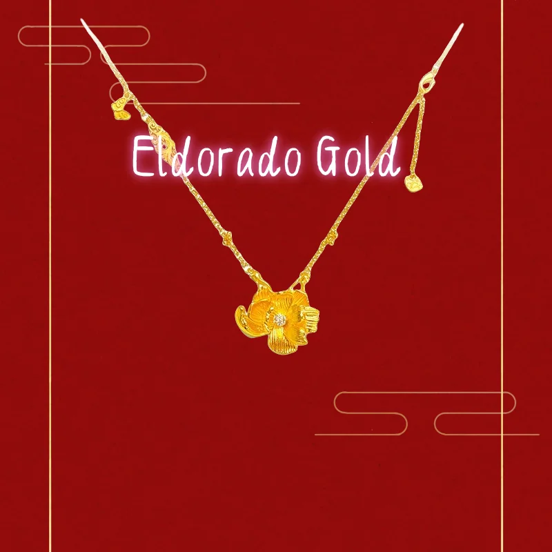 

9999 real glod Peony Pendant Necklace with a profusion of flowers, brushed peony flower double groove necklaceValentine's Day