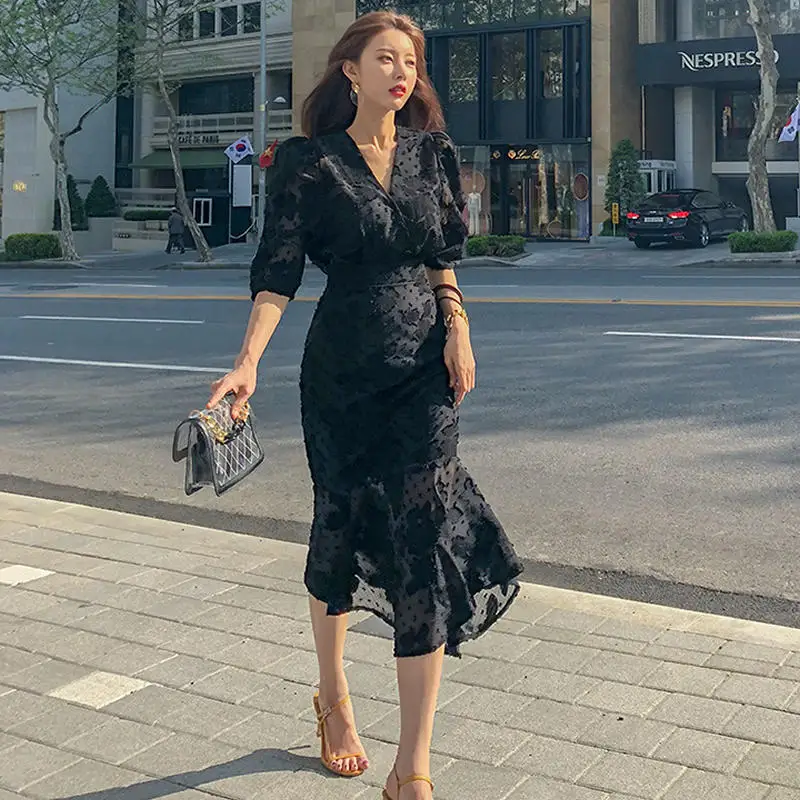 تنورة Fall V-ne Fi-tail Dr Bla للتخسيس عالية الخصر كورية Sle للسيدات تنورة متوسطة الطول تشبه سيدة أنيقة