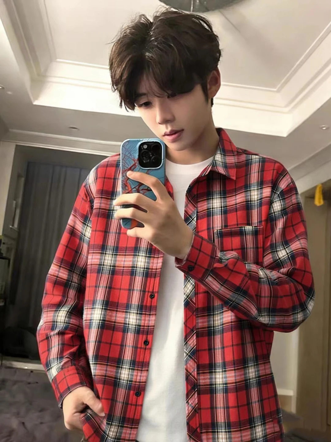 

Red Plaid Cleanfit irt Men's Autumn Spring Layering Long Sve Inner Wear American Retro Sle Loose Fit Button up Top