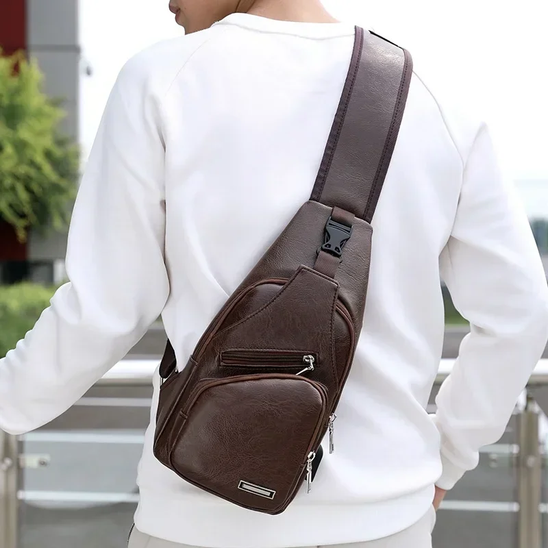 2024 New Men\'s USB Smart Chest Bag Messenger Bag One Shoulder Korean Style Casual Canvas Bag