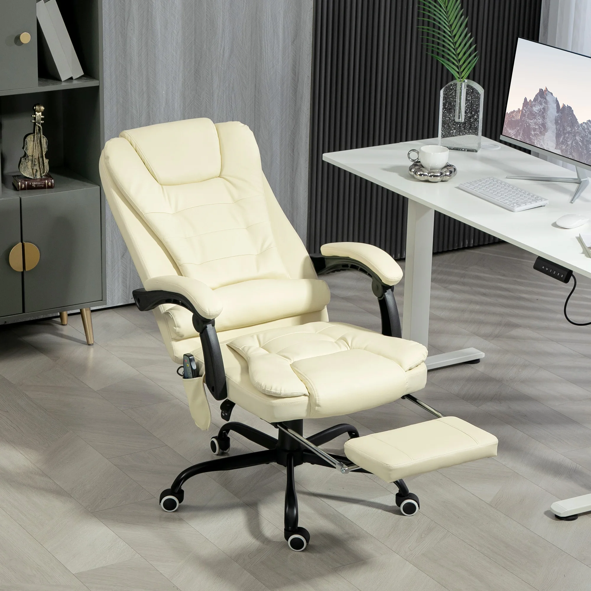 Pu Leather Massage Computer Chair W/ Padded Seat and Adjustable Height, Cream