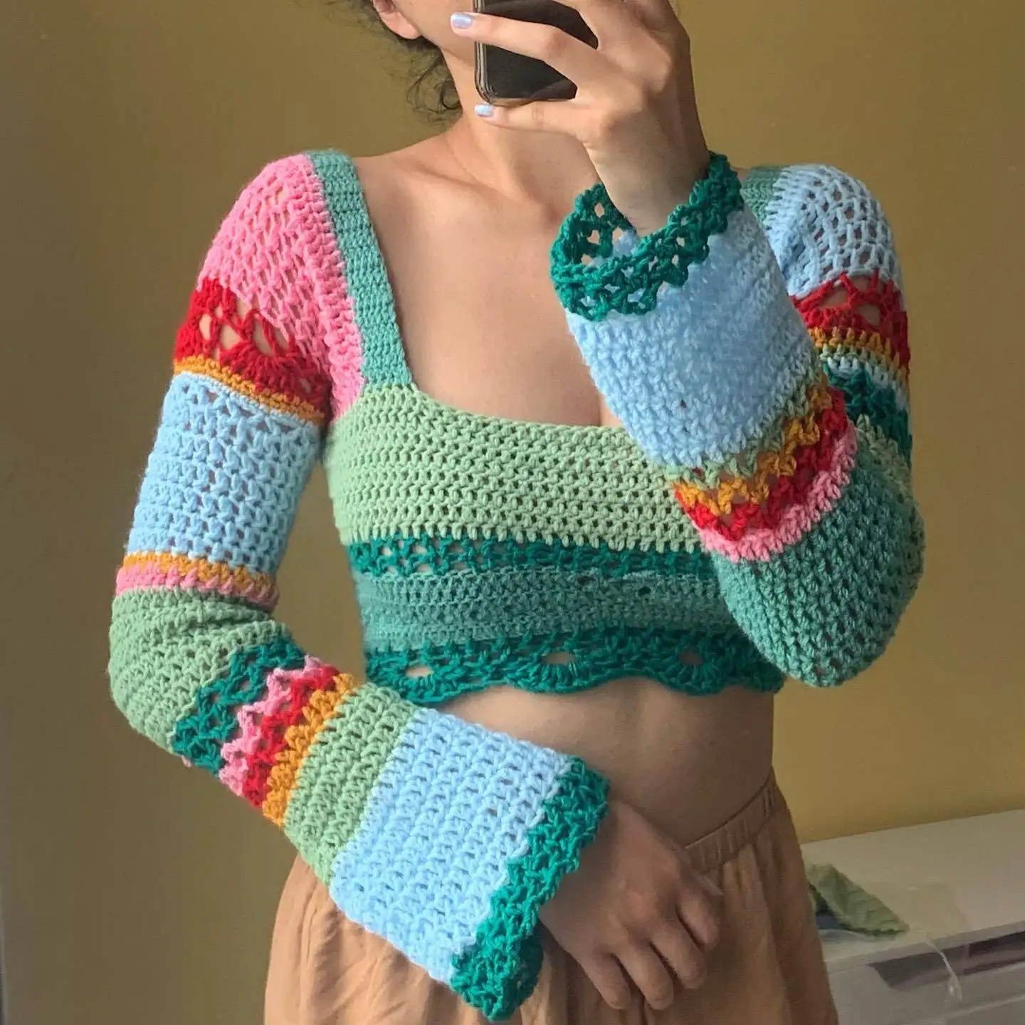 Women's square neck colorful striped patchwork handmade crochet long sleeved knitted sweater 12