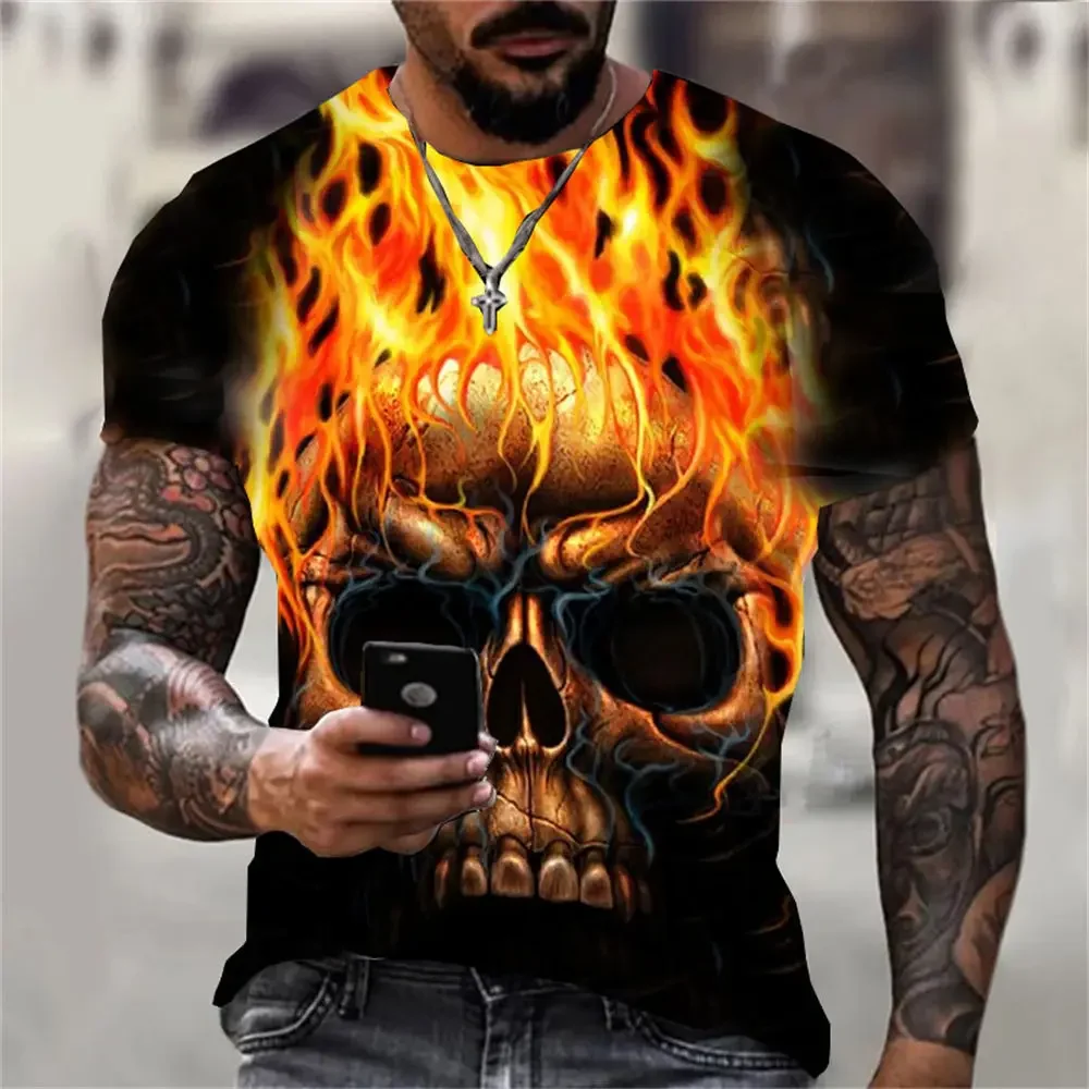 Cool Skull Print T-shirt Men\'s Trend 3D Pattern Short Sleeve Personalized Horror Style Street Apparel Large Men\'s Round Neck Top