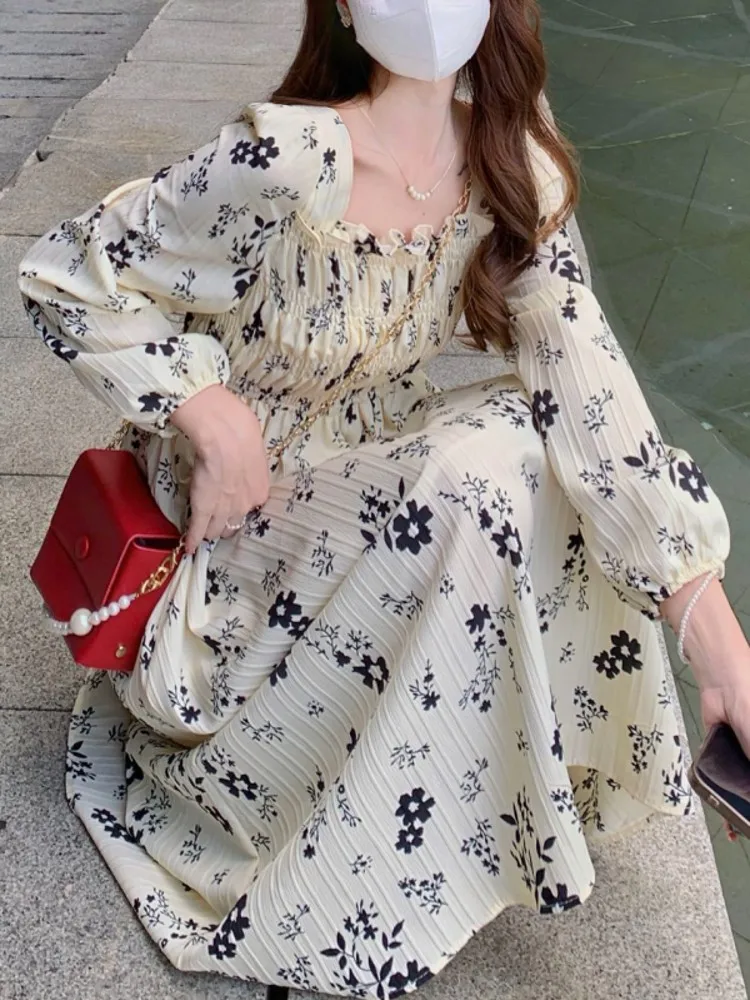 Ele Bloemenprint Chiffon Lange Sve Dr Dames Lente Herfst Nieuwe Sle Klein Maat Taille Cinching Afslanken Lange Dr