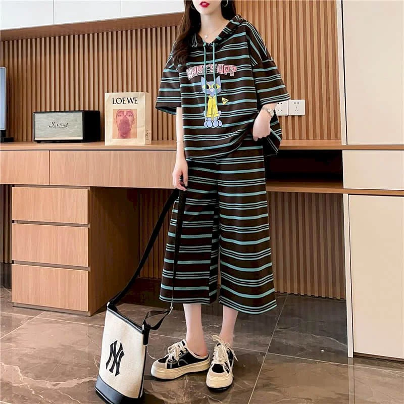 

Pants Sets Summer Thin Korean Style Short Sleeve Hooded Printed T-Shirts and Casual Cropped Pants Two Piece Sets Women Outfits