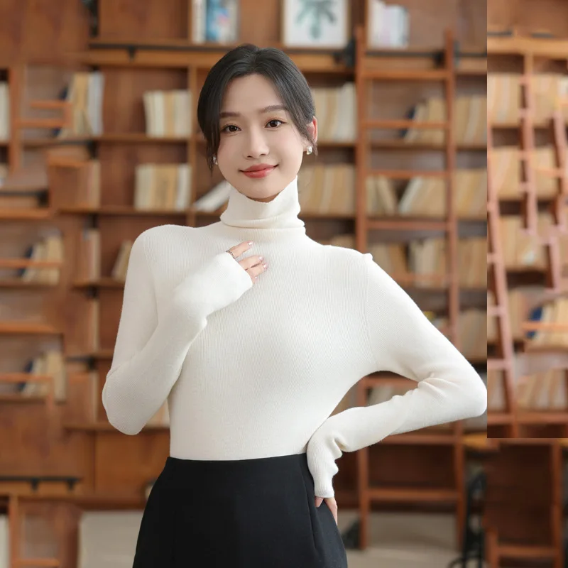 เสื้อคอเต่าผ้าวูลไร้ตะเข็บสำหรับผู้หญิง รุ่น First-Line เสื้อสเวตเตอร์ถักคอปกสำหรับฤดูใบไม้ร่วงและฤดูหนาว ช่วยให้ดูผอมเพรียว