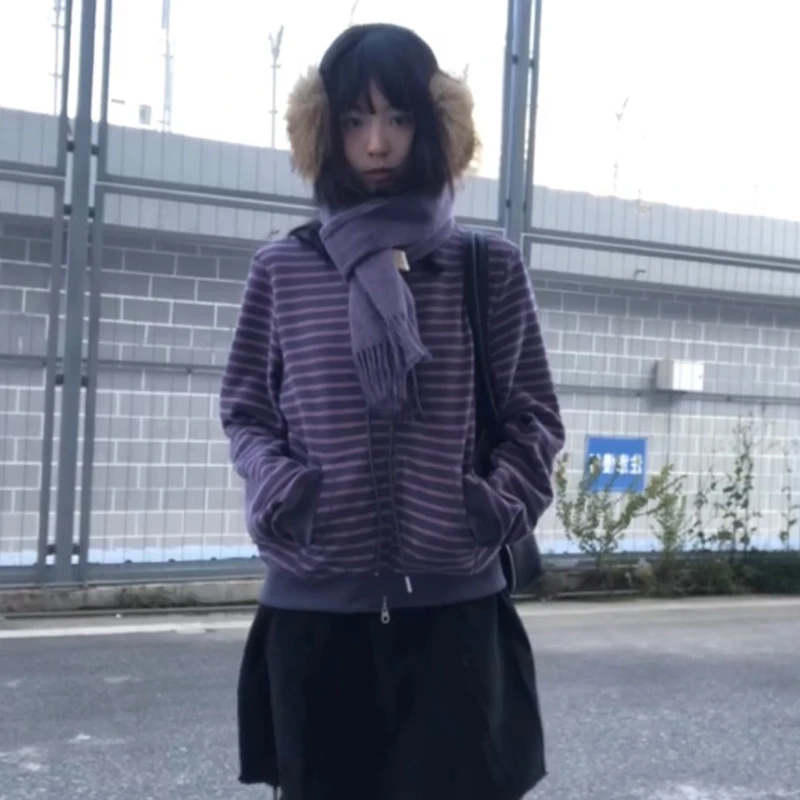 90s American Retro Knitted Cardigan Ladies Harajuku Striped Lined Zip Up Hoodie Y2K Grunge Oversized Long Sleeve Sweat Jacket view 5