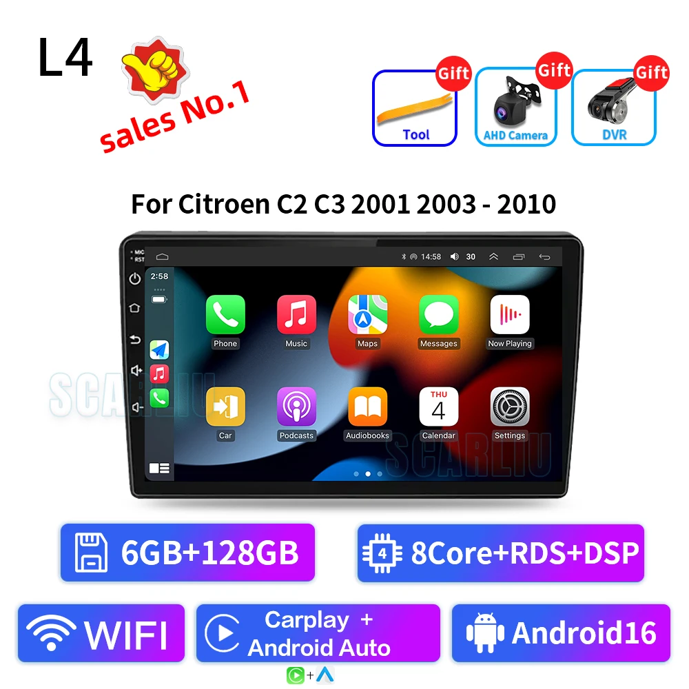 SISCL Android Auto Carplay Voor Citroen C2 C3 2001 2003-2010 Autoradio Multimedia Video Player WiFi GPS Navigatie DSP Stereo