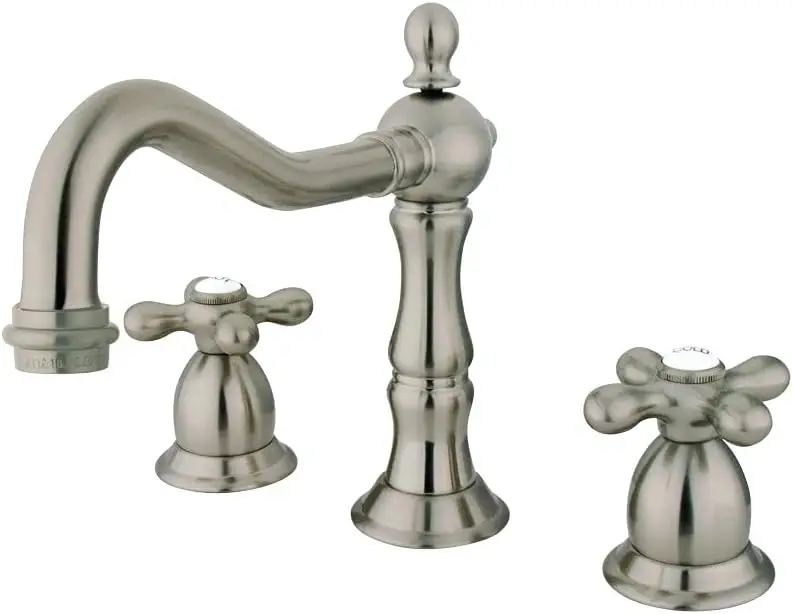 

Heritage Widespread Lavatory Faucet Metal Cross Handle Brushed Nickel Solid Brass Construction Drip-Free Ceramic Disc Cartridge