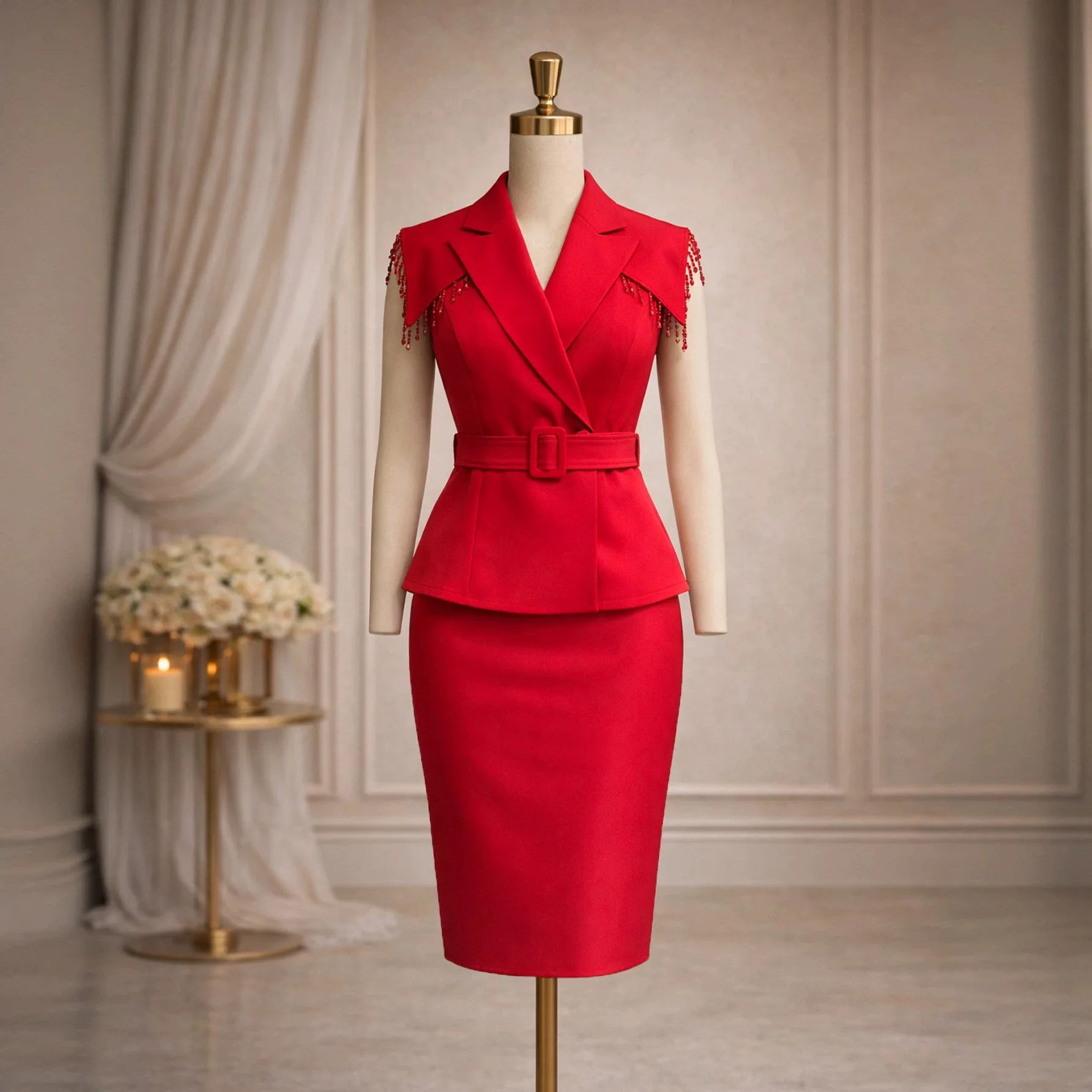 New Stiglich And Elegant Skirt Suit, Erotogenic Slim-fit Waist-cinching Beaded Blazer With V-neck And Body Clothes Two-piece Set