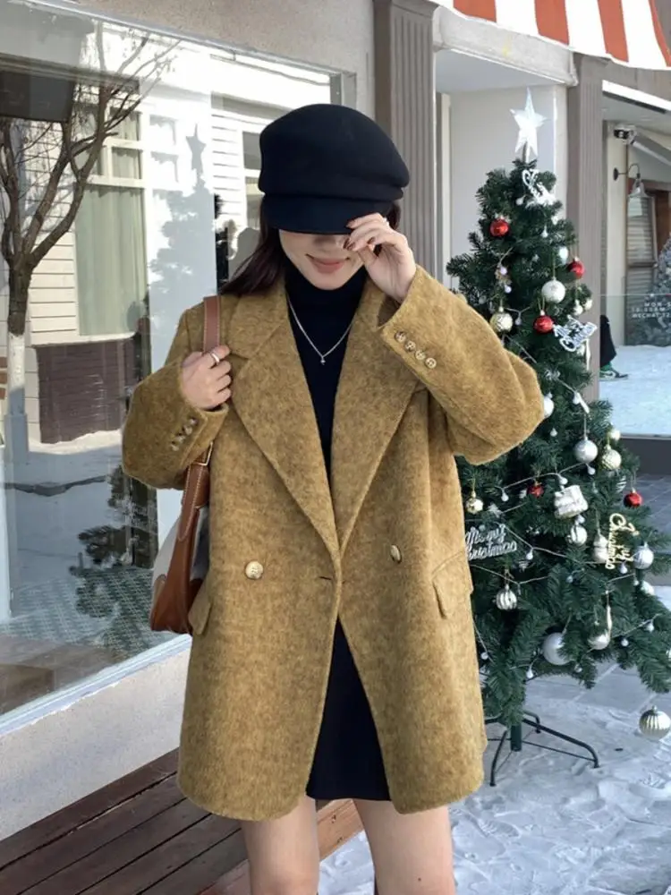 Quicksand Gold Office Lady Short Alpaca Woolen Jackets 2024 Autumn And Winter Suit Collar Elegant Loose Women\'s Wool Coats