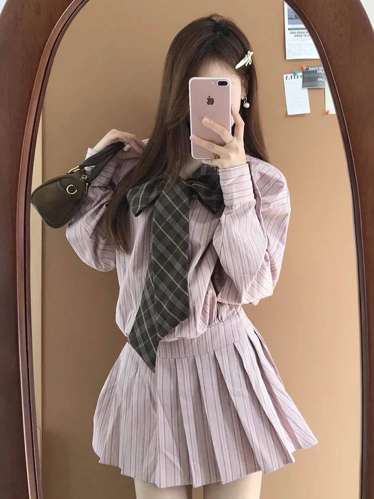 Koreaanse College Sle Roze Gestreepte irt Dr Dames Herfst Nieuw Design Sensation Knoop Geplooide ort Rok