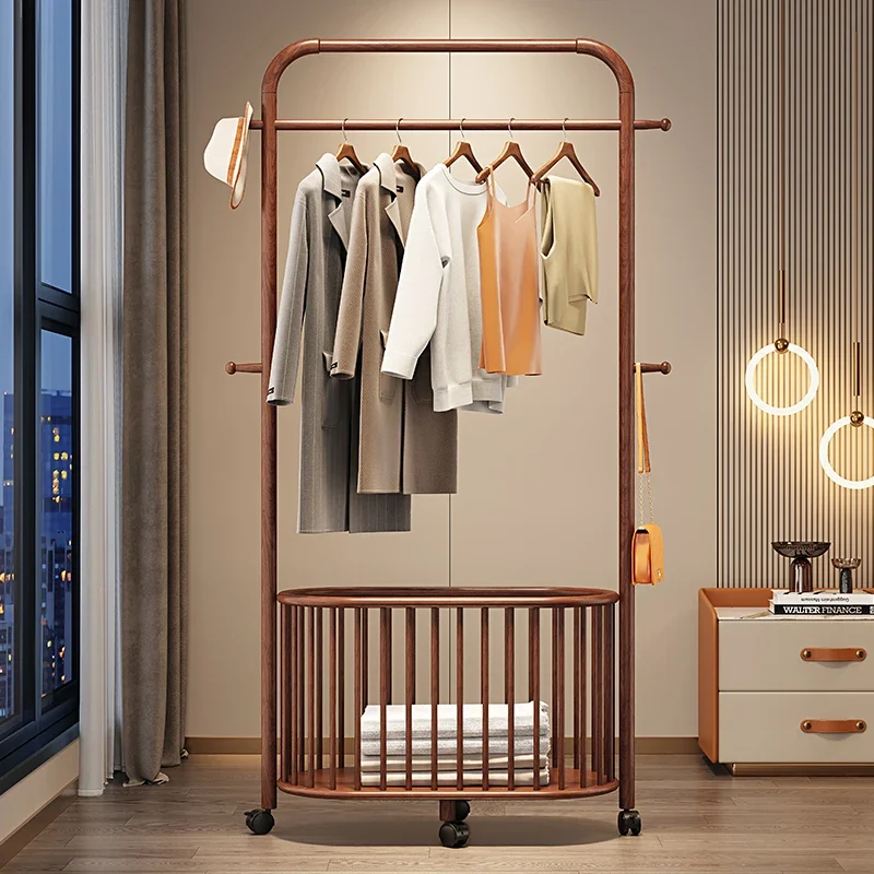 

Clothes rack floor bedroom room all solid wood coat indoor vertical simple movable clothes