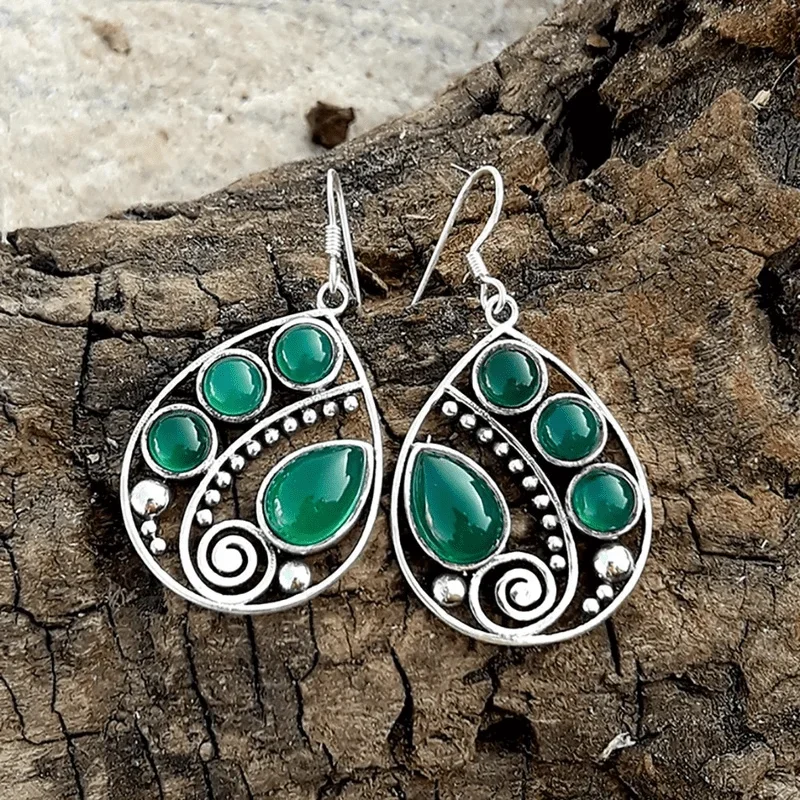 Vintage Waterdrop Metal Artisan Carved Spiral Earrings Set Green Round Stone Hook Drop Earrings Women