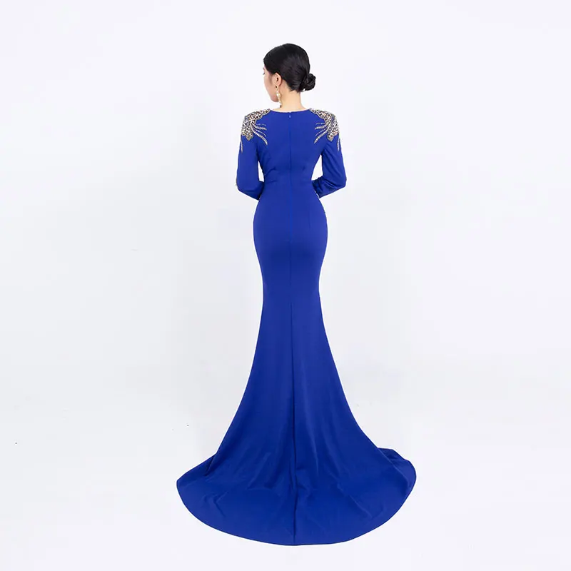 Royal Blue Evening Dress Cusom Made Elegant Handmade Beaded Round Neck New Party Show Slim Fit Buttocks Wrapped Formal FF28-1